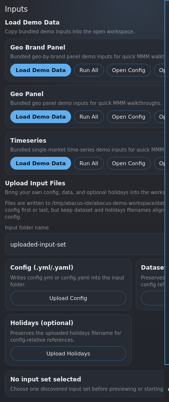 Inputs panel with bundled demos and file upload actions